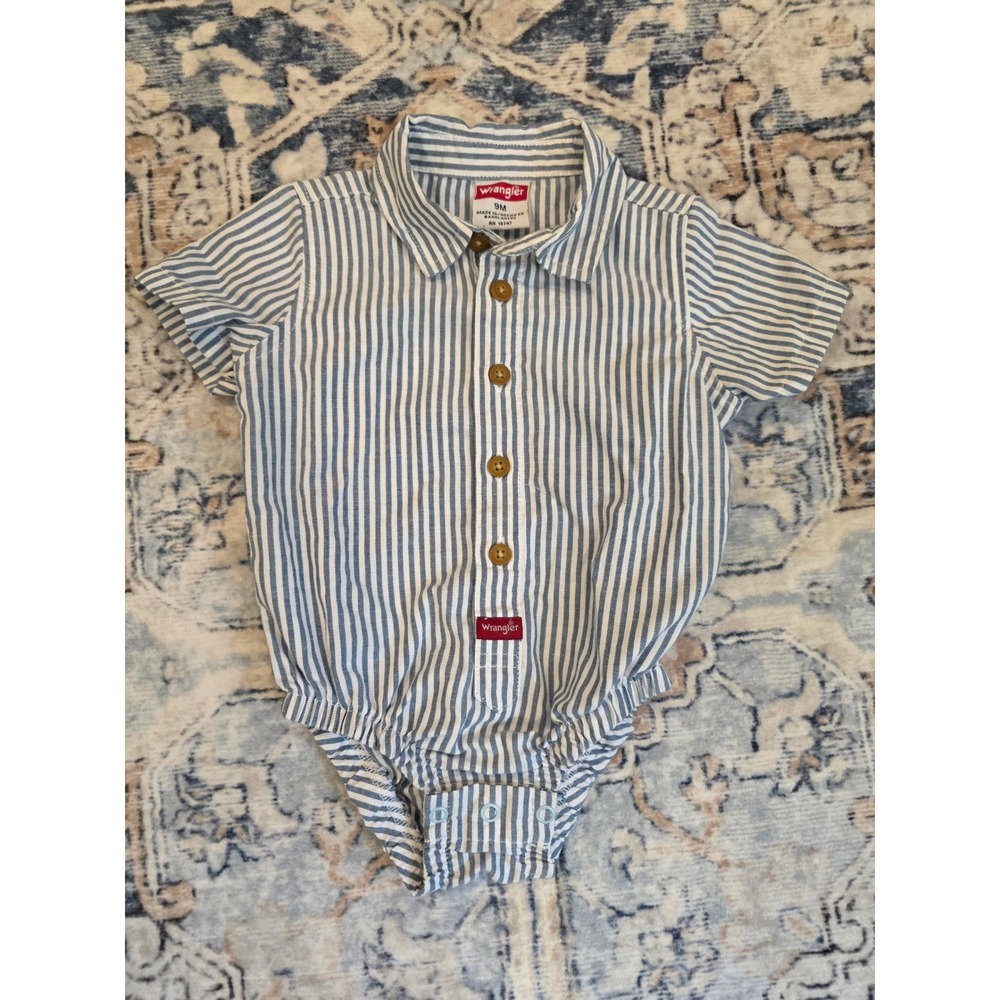 Wrangler Baby Boys 9 months Blue White Striped Short Sleeve Button Down Bodysuit